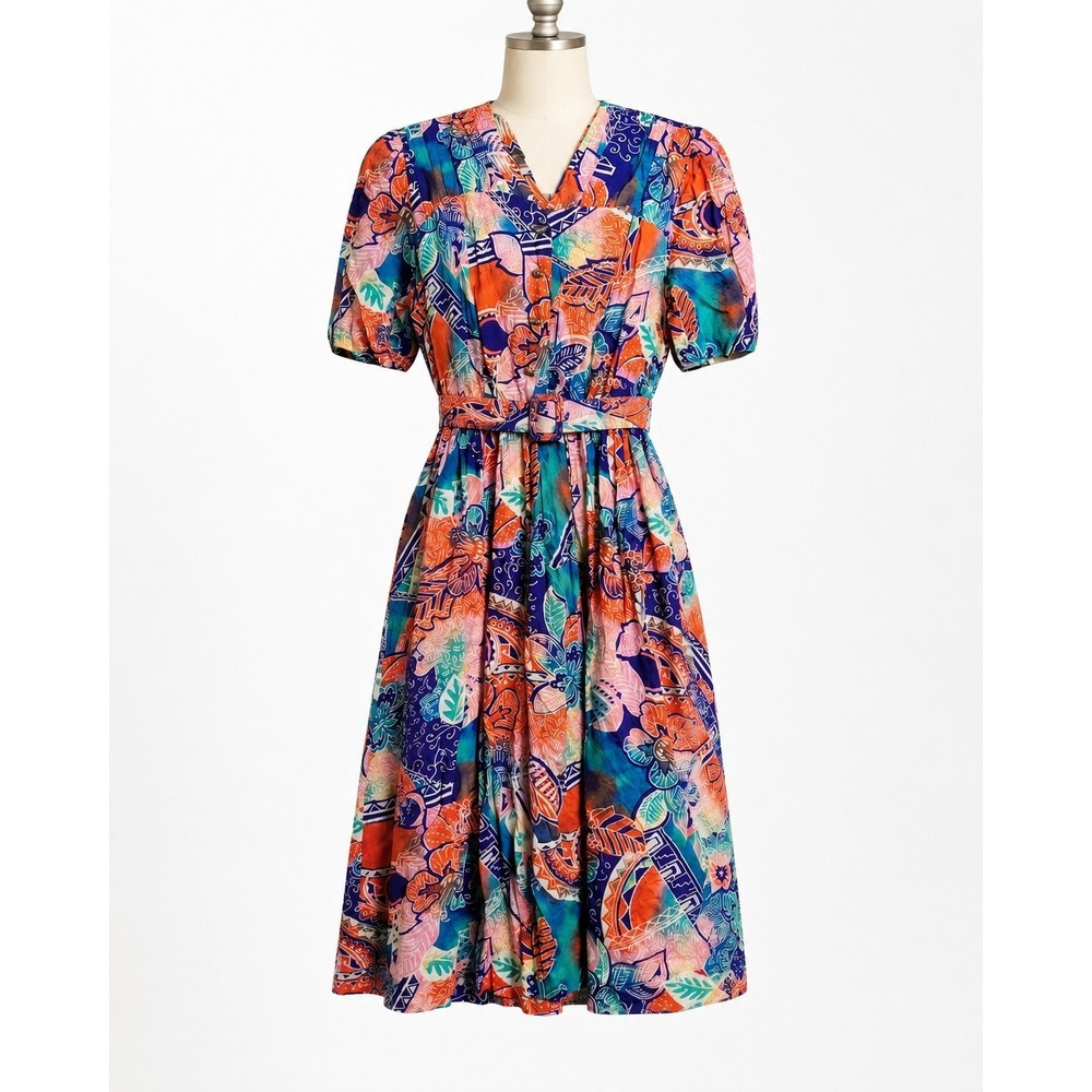 Vintage Lady Carol Of New York Dress Womens 10 Colorful Floral‎ Belted Midi...